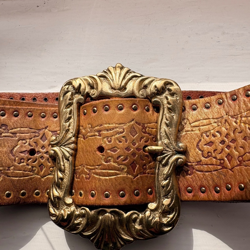 Streets Ahead Brown Tooled Leather Belt with Ornate Gold Buckle